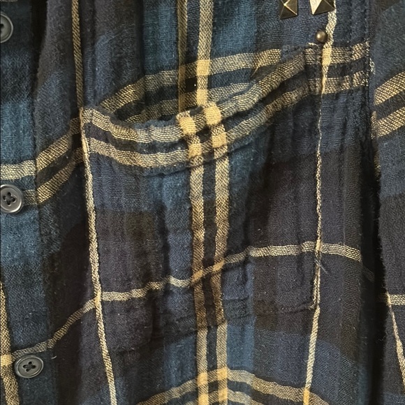 Free People Blue, Tan, White Embellished Button Down Plaid Shirt - Picture 5 of 8